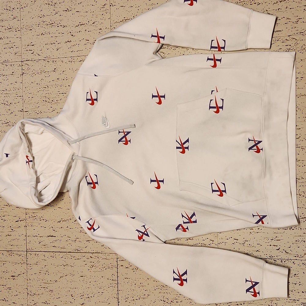Nike Swoosh White Multi Logo AOP Pullover Hoodie Sweater White, Purple And Red